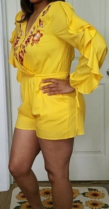 Yellow Romper with Red Floral design in front center