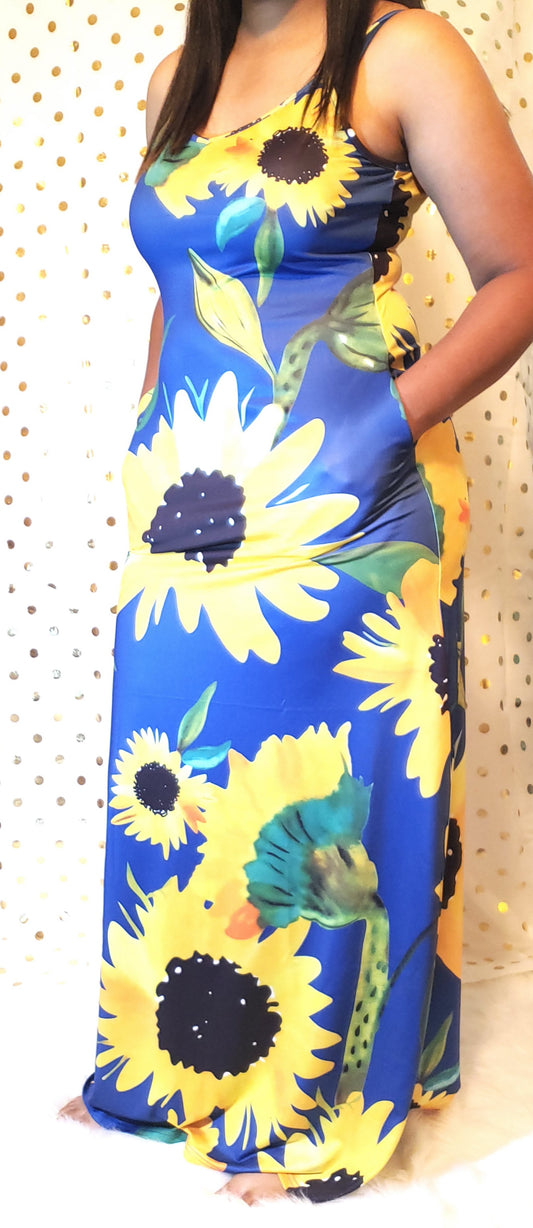 Casual Summer SunFlower Dress Comes in Blue, Red or White